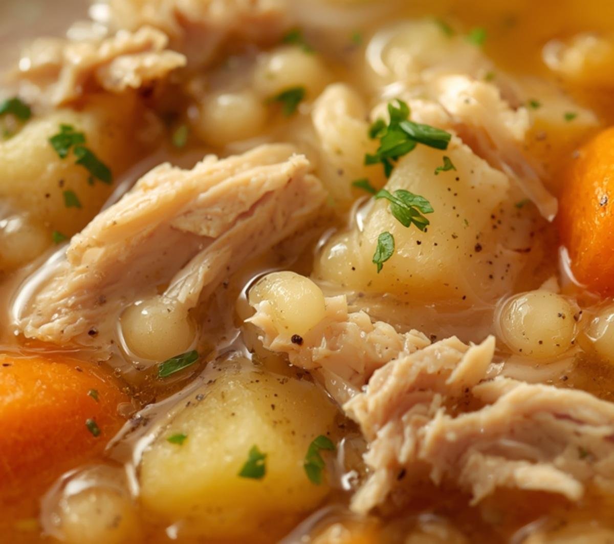Close-up of the rich broth and ingredients in a delicious bowl of leftover turkey soup.