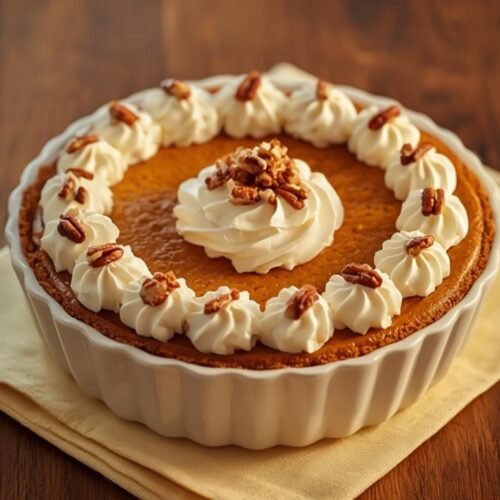 Beautifully baked pumpkin cheesecake with pecan crust in a white pie dish, garnished with whipped cream.