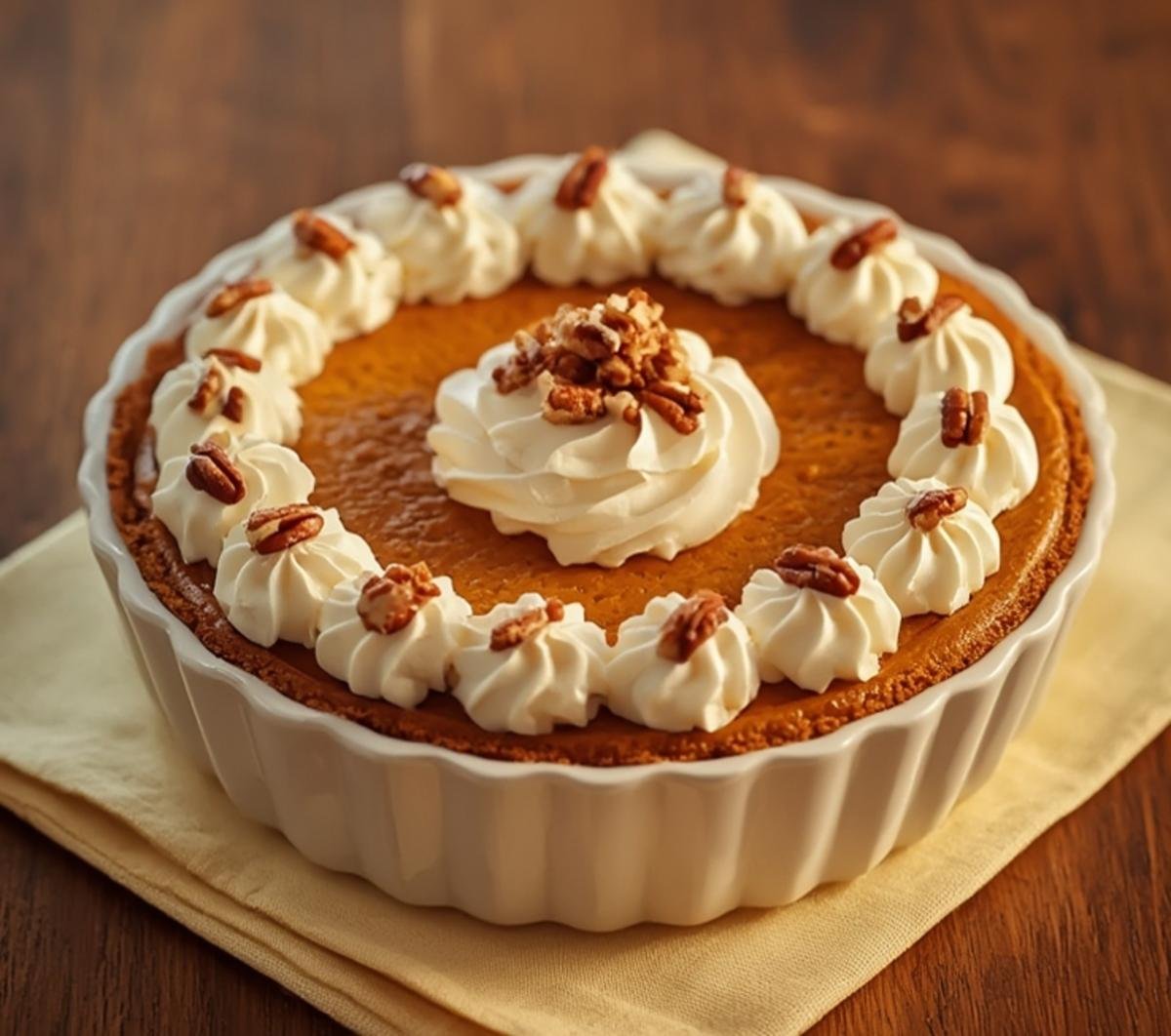 Beautifully baked pumpkin cheesecake with pecan crust in a white pie dish, garnished with whipped cream.