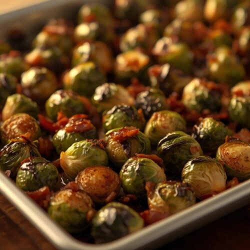 Roasted Brussels Sprouts with Bacon & Balsamic Glaze 3 A full sheet pan of roasted Brussels sprouts with bacon and a drizzle of balsamic glaze.