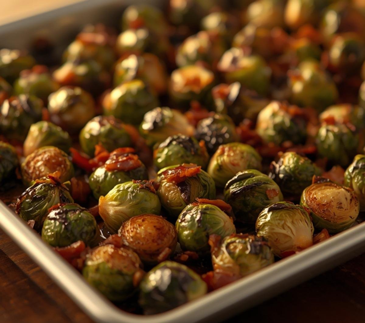 A full sheet pan of roasted Brussels sprouts with bacon and a drizzle of balsamic glaze.