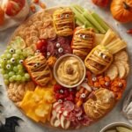 A colorful Halloween snack board overflowing with festive appetizers and treats.