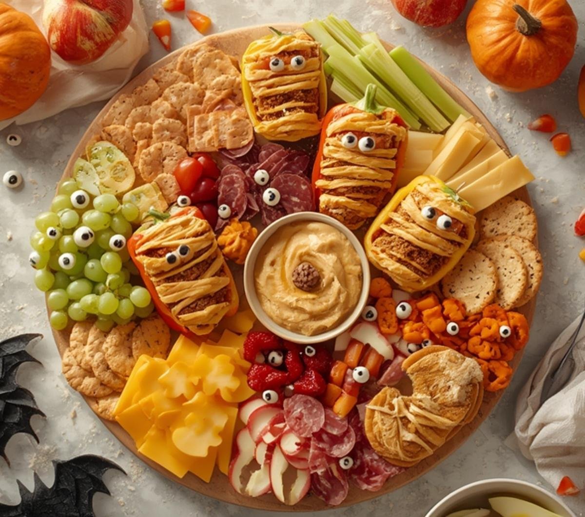 A colorful Halloween snack board overflowing with festive appetizers and treats.
