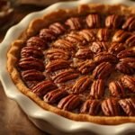 A perfectly baked Pecan Pie in a white dish, ready to be served.