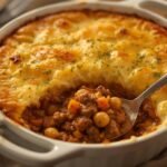 A close-up shot of the best shepherd's pie, showing its golden crust and hearty filling.