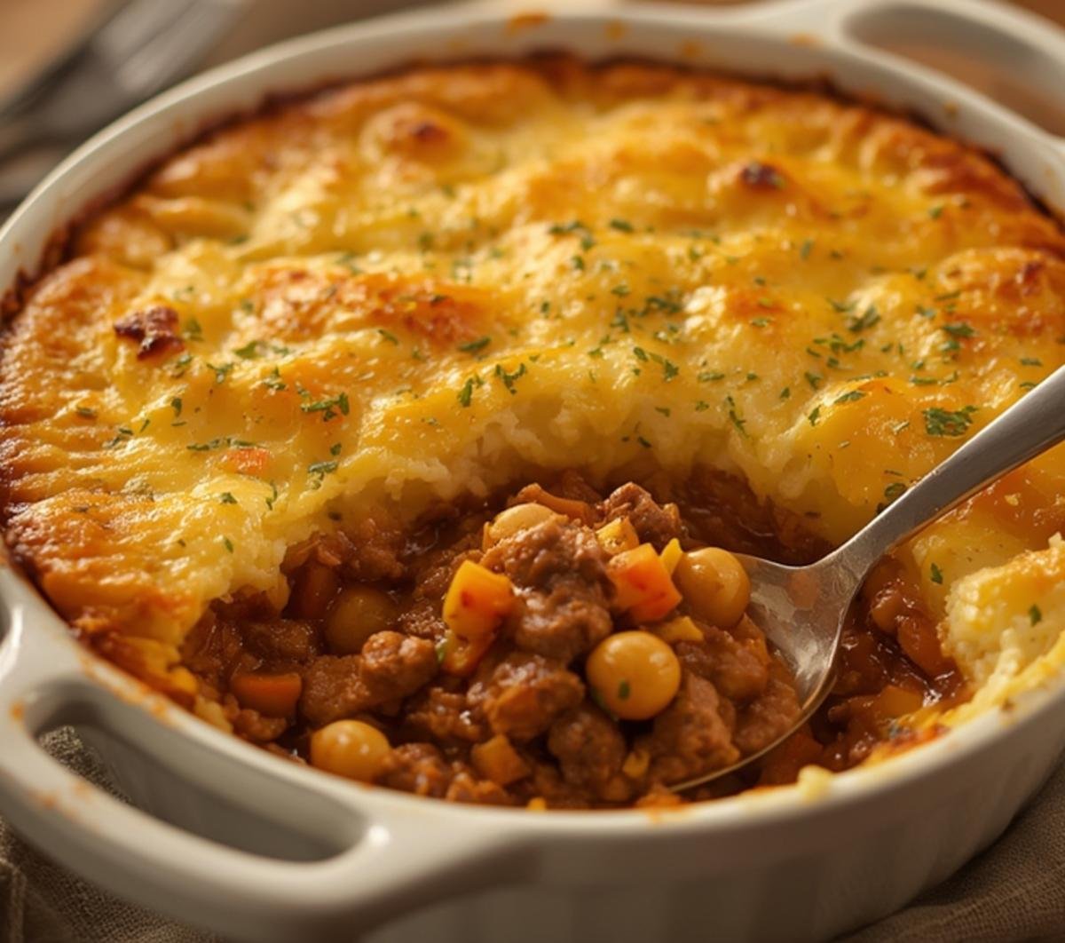 A close-up shot of the best shepherd's pie, showing its golden crust and hearty filling.