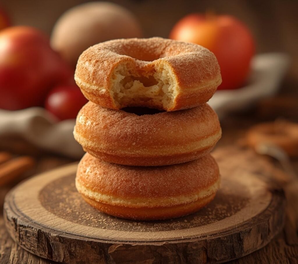 A stack of perfectly baked apple cider donuts, glistening with a cinnamon sugar coating.