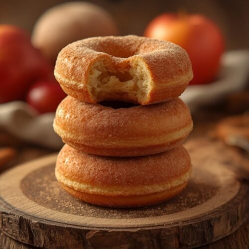 A stack of perfectly baked apple cider donuts, glistening with a cinnamon sugar coating.