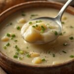 A ladle scooping creamy Best Potato Soup garnished with chives and black pepper.