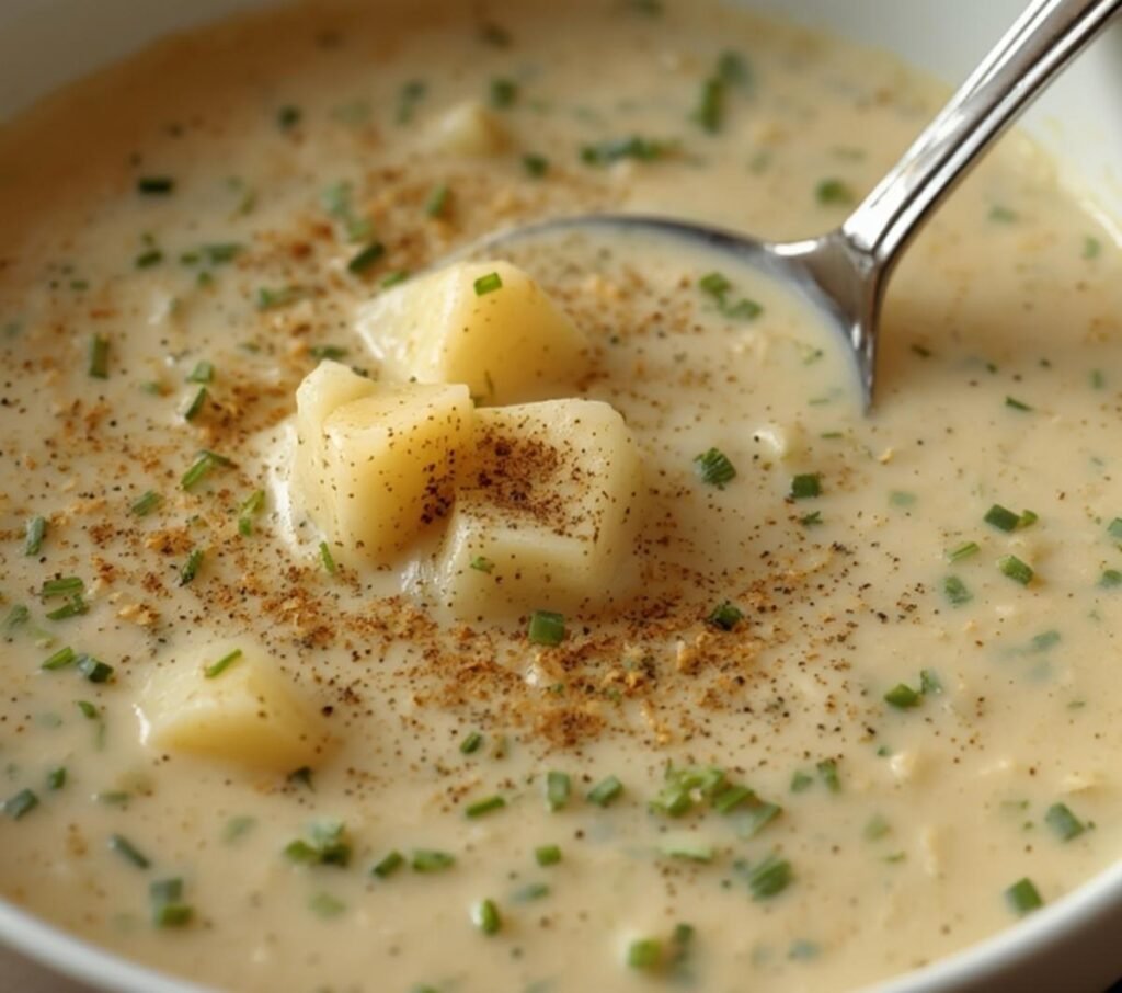 A warm bowl of creamy Best Potato Soup with fresh chives and a ladle.