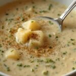 A warm bowl of creamy Best Potato Soup with fresh chives and a ladle.