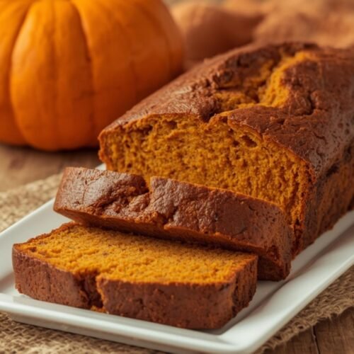 Three delicious slices of homemade Pumpkin Bread on a white plate, ready to be enjoyed.