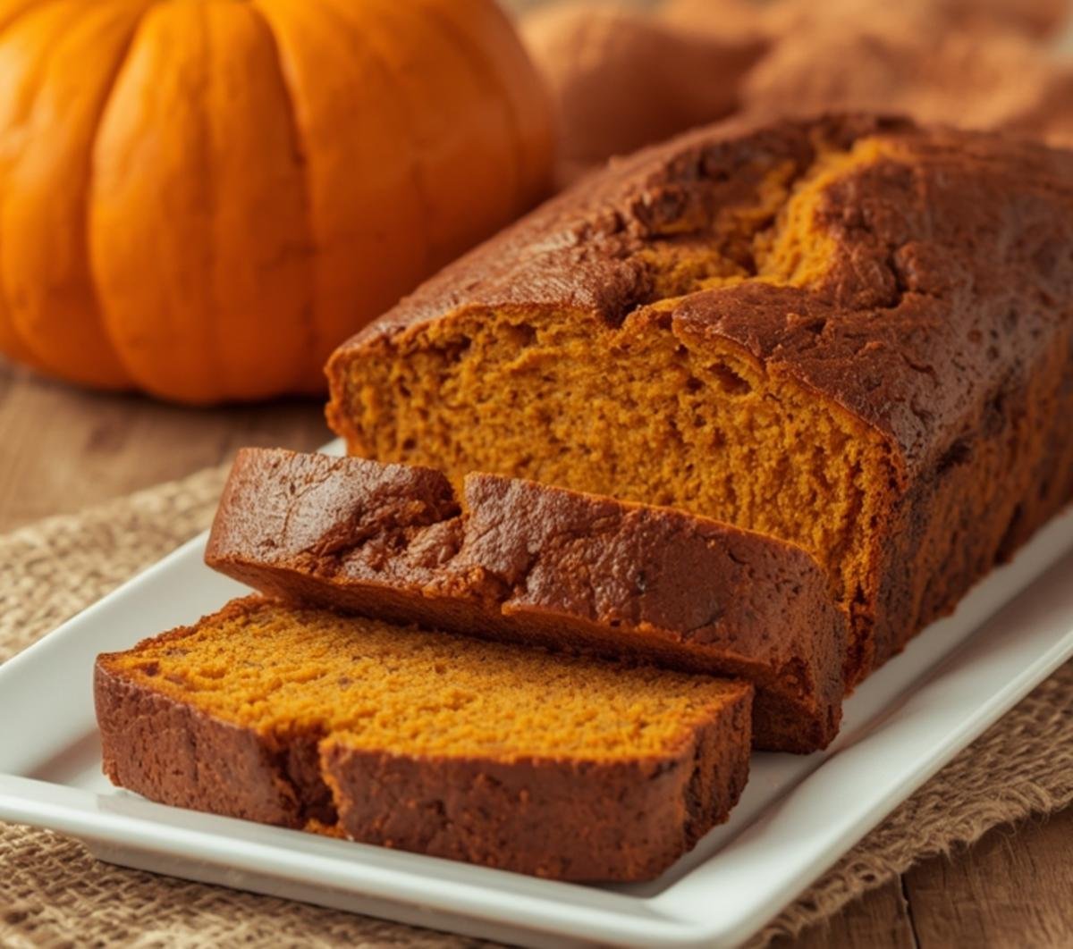 Three delicious slices of homemade Pumpkin Bread on a white plate, ready to be enjoyed.