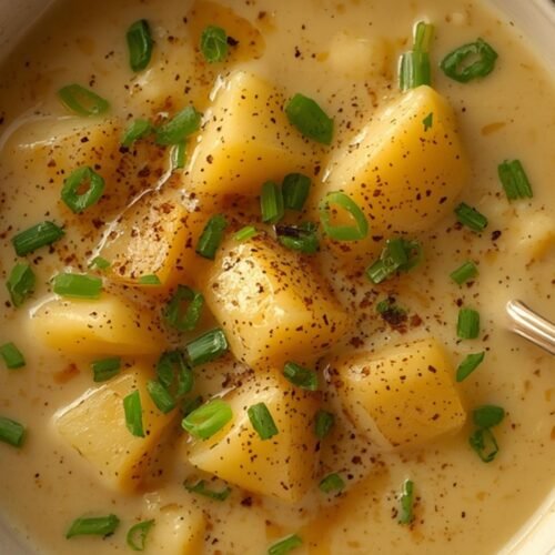 Creamy Best Potato Soup with Smoked Gouda 3 A rustic metal ladle lifting a scoop of creamy and hearty best potato soup.