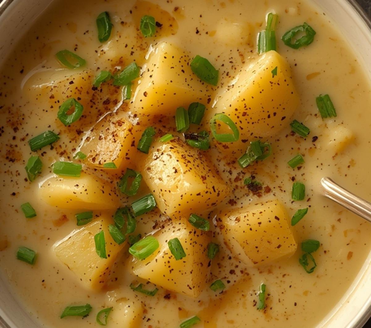 A rustic metal ladle lifting a scoop of creamy and hearty best potato soup.