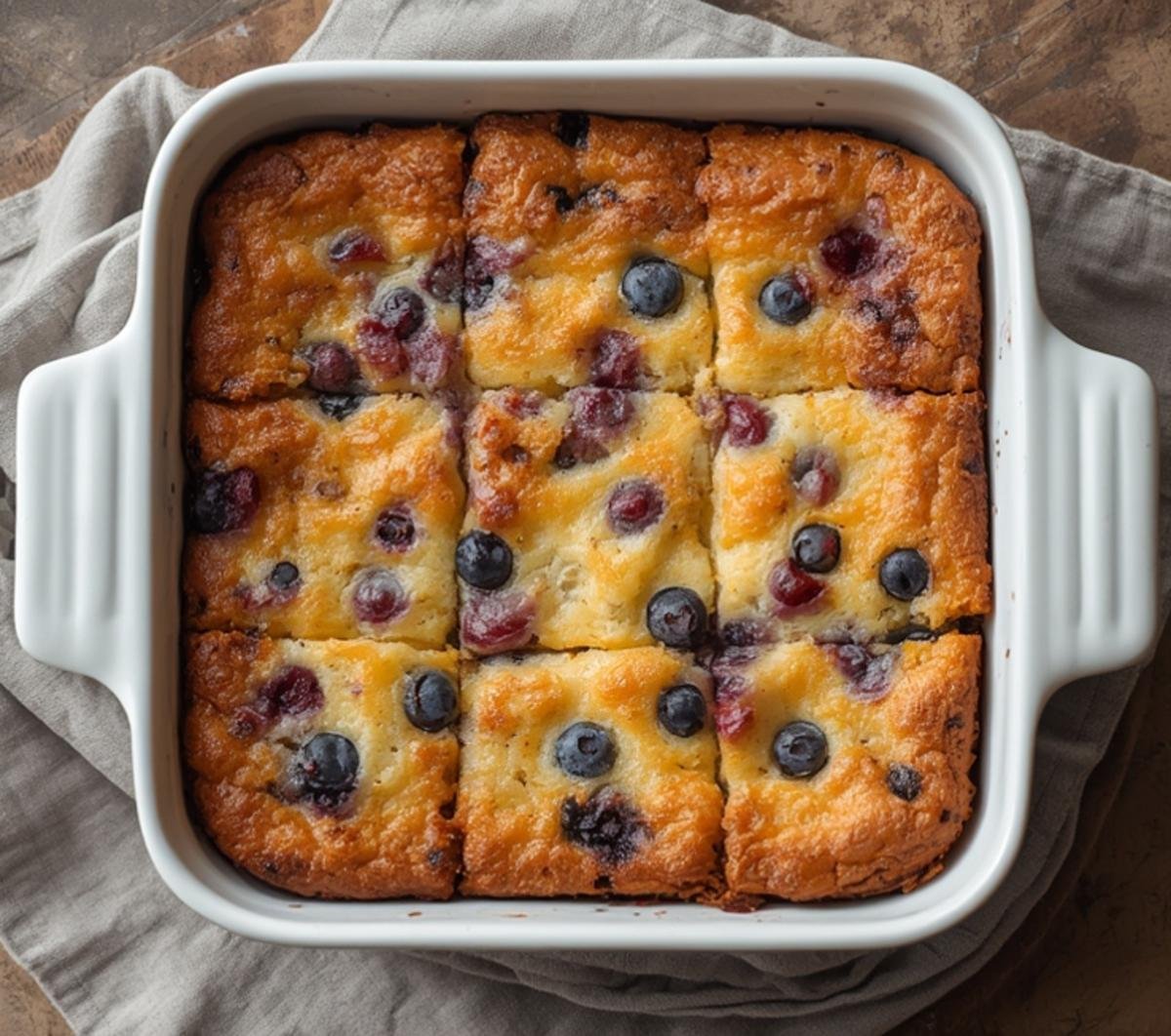 Golden-brown square portions of a delicious blueberry cottage cheese breakfast bake in a white dish.
