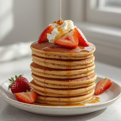 A beautiful tall stack of fluffy protein pancakes topped with strawberries and maple syrup