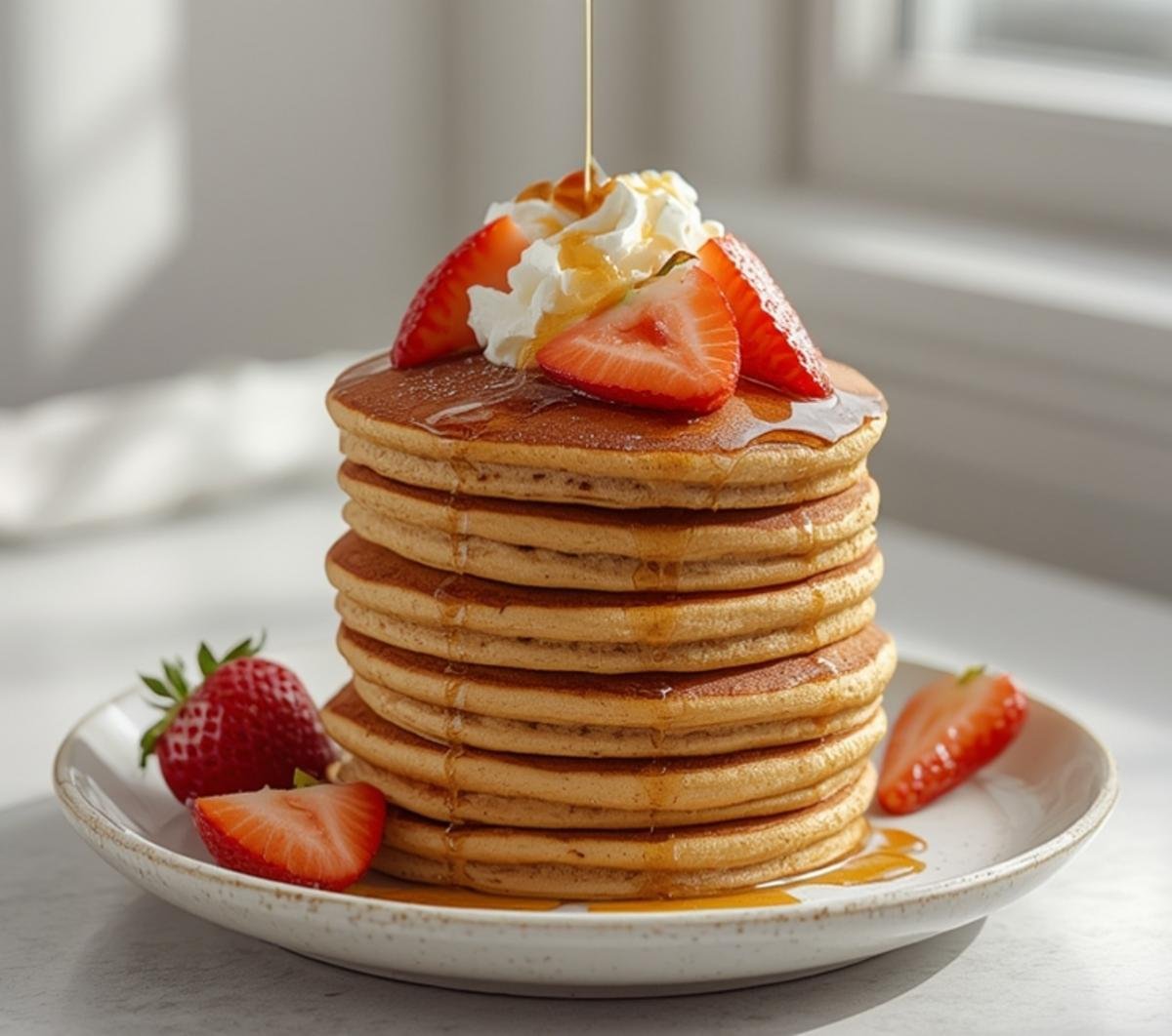 A beautiful tall stack of fluffy protein pancakes topped with strawberries and maple syrup
