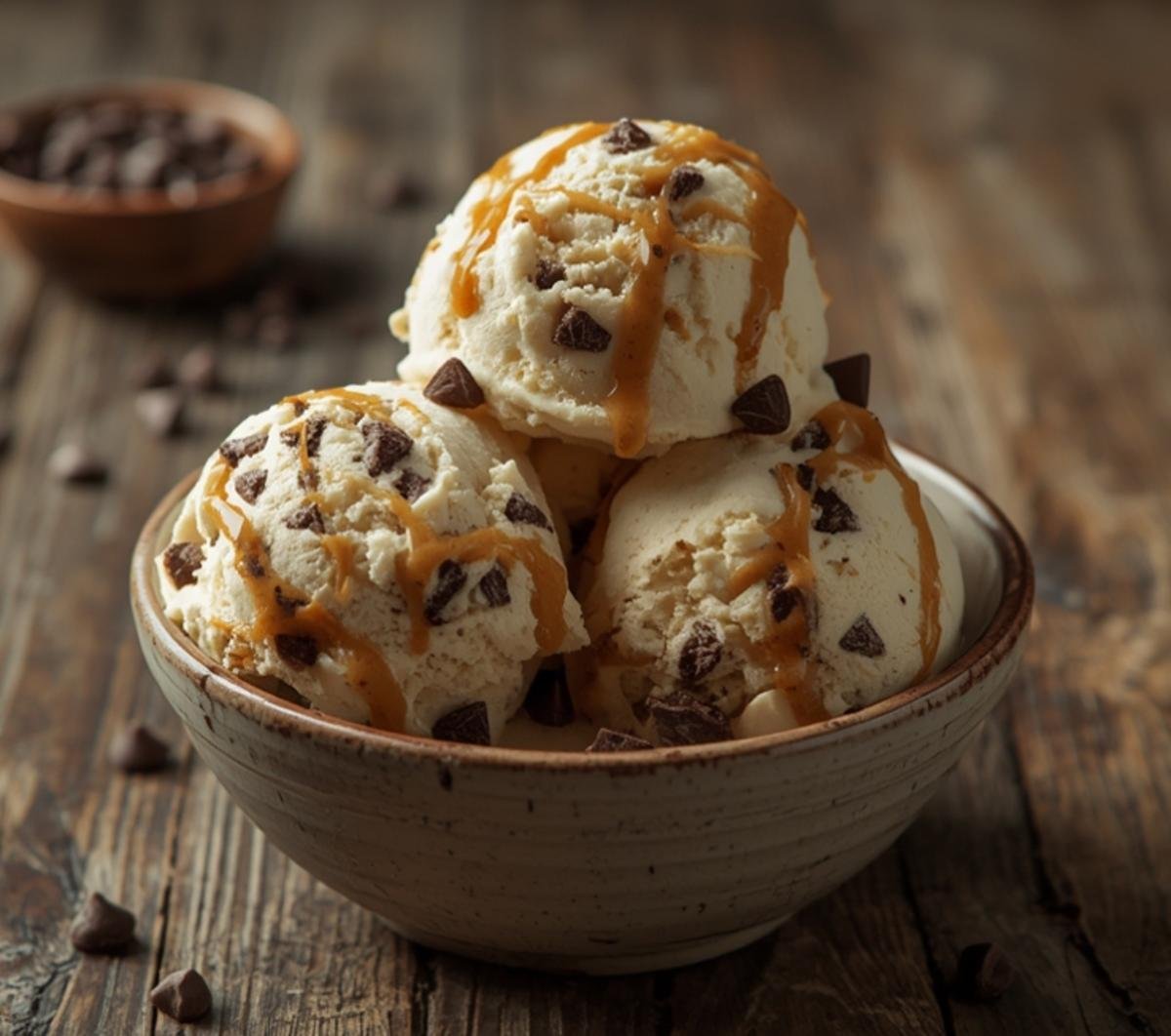 A rustic bowl filled with creamy cottage cheese ice cream topped with peanut butter swirls