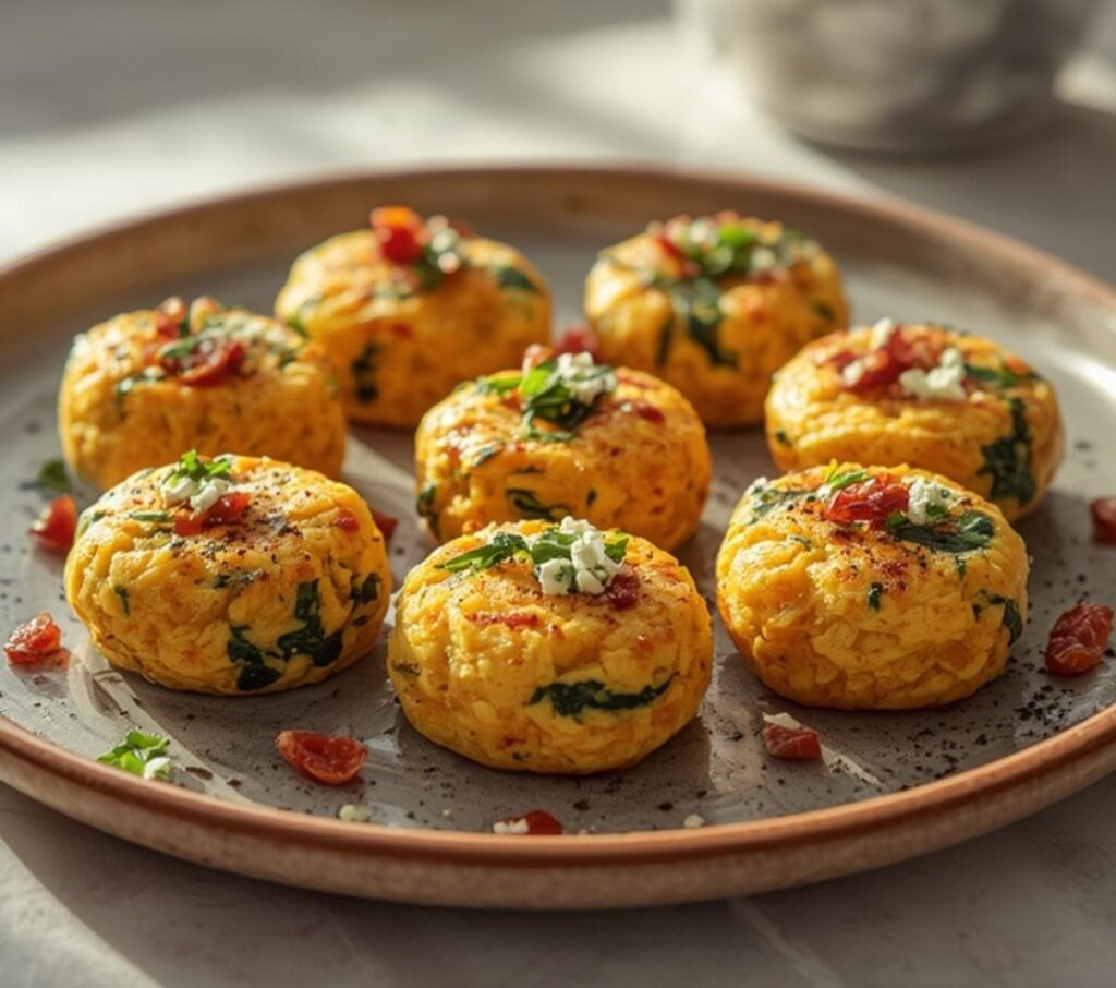 A rustic plate featuring fluffy high protein egg bites topped with crumbled feta and herbs.