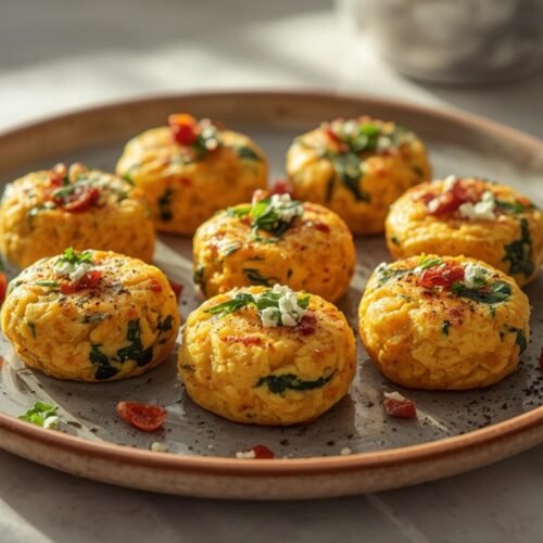 Fluffy High Protein Egg Bites with Cottage Cheese 3 A rustic plate featuring fluffy high protein egg bites topped with crumbled feta and herbs.