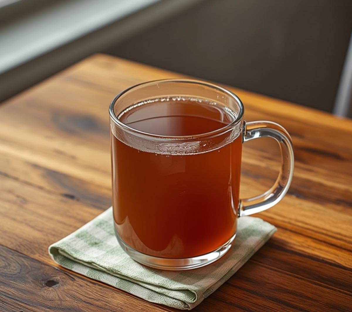 A glass mug filled with nutritious homemade bone broth recipe on a rustic wooden table.