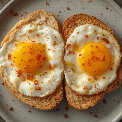 Crispy Chili Oil Eggs Recipe: The Perfect Spicy Breakfast 3 Top-down shot of two delicious chili oil eggs served on crispy rustic toast