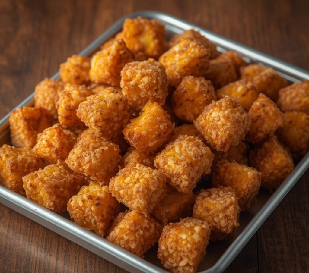 A rustic metal tray filled with crispy deep-fried potato-crusted Korean corn dog skewers.