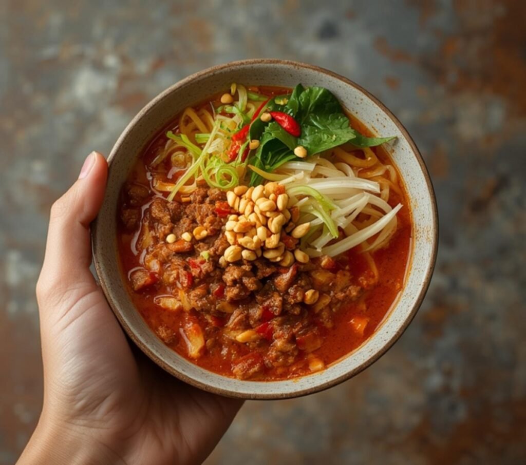 A person holding a bowl of freshly prepared dan dan noodles with spicy pork topping.