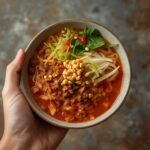 A person holding a bowl of freshly prepared dan dan noodles with spicy pork topping.