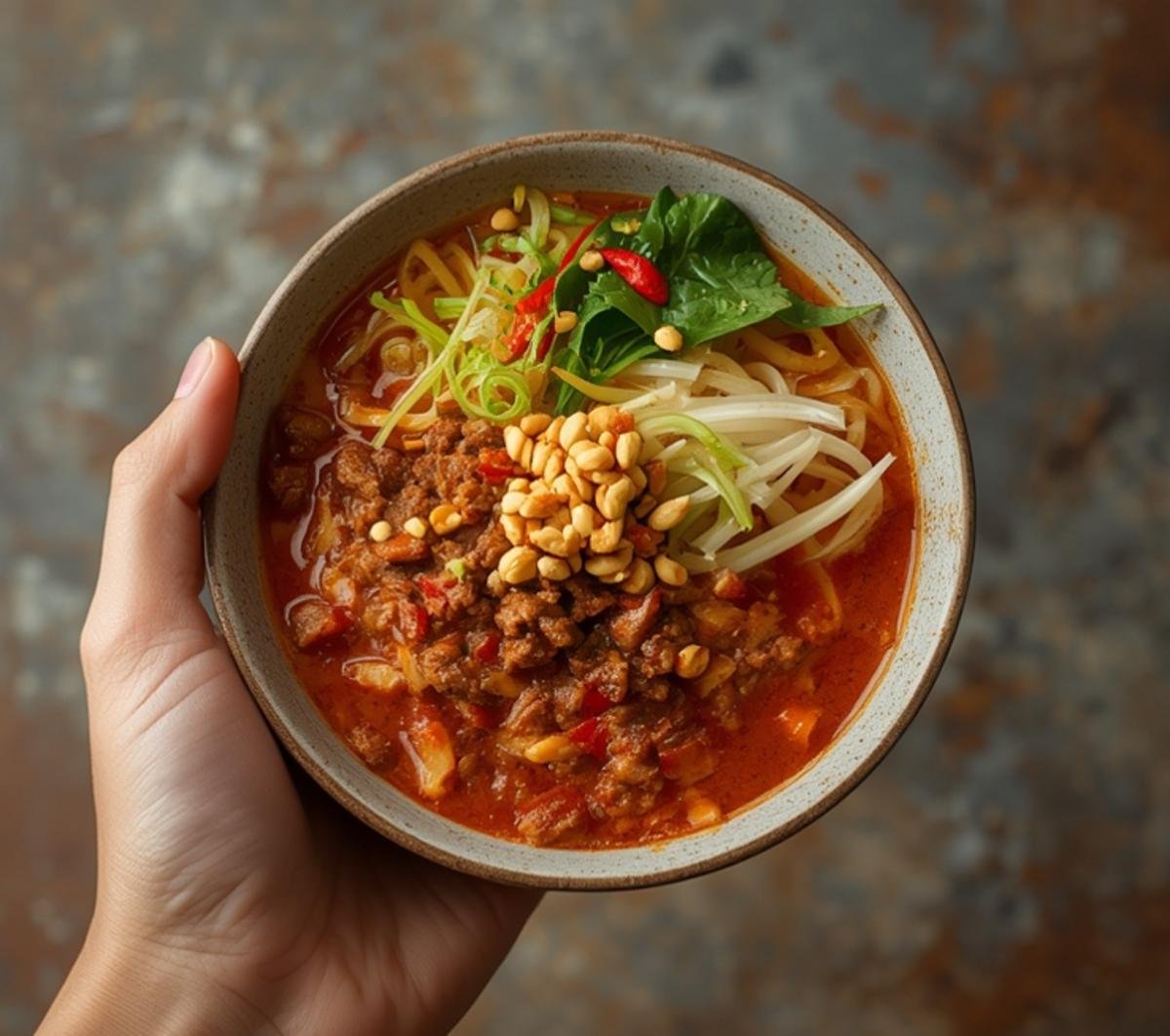 A person holding a bowl of freshly prepared dan dan noodles with spicy pork topping.