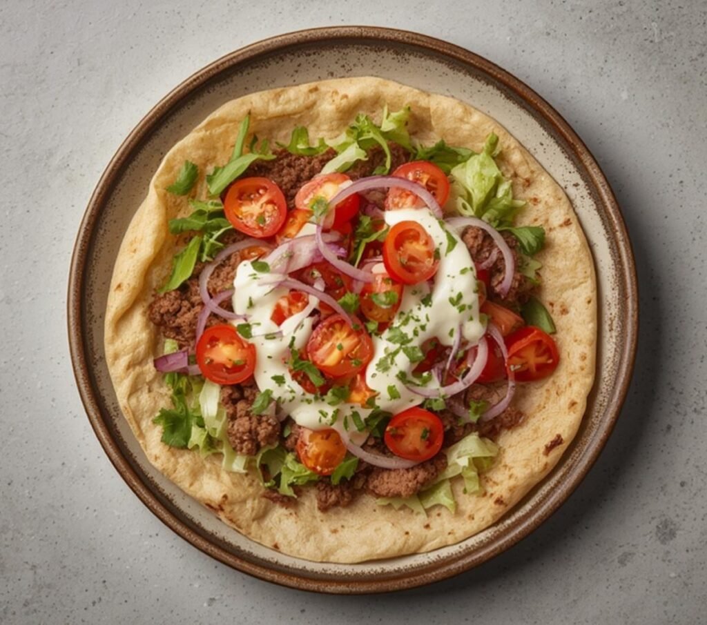 Top-down view of a delicious parchment paper gyros served on a rustic stone-colored ceramic plate.