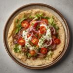 Top-down view of a delicious parchment paper gyros served on a rustic stone-colored ceramic plate.