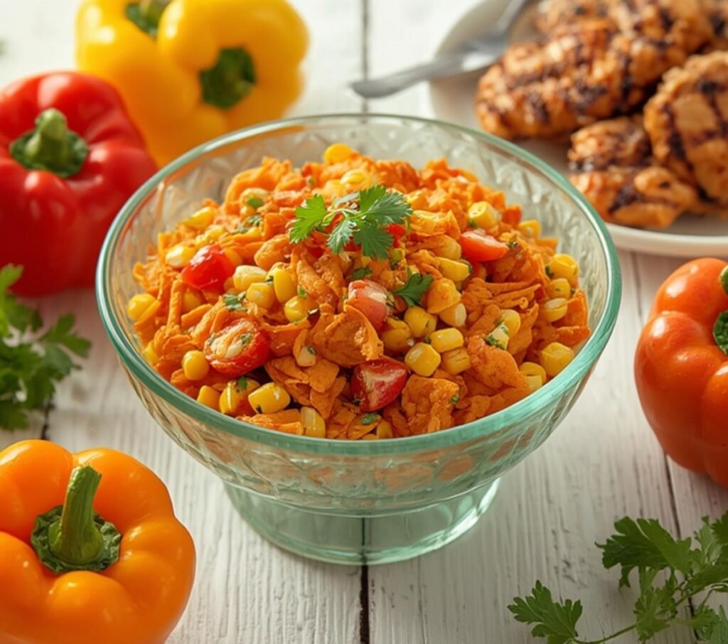 A colorful serving of Frito Corn Salad presented in a bowl with fresh garnish nearby.