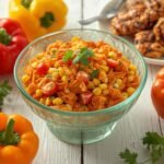 A colorful serving of Frito Corn Salad presented in a bowl with fresh garnish nearby.