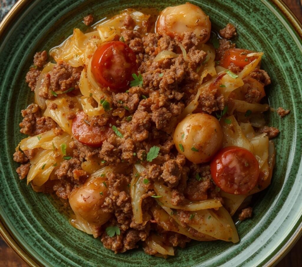 A rustic platter filled with a hearty serving of flavorful Southern style dirty cabbage.