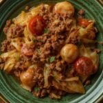 A rustic platter filled with a hearty serving of flavorful Southern style dirty cabbage.