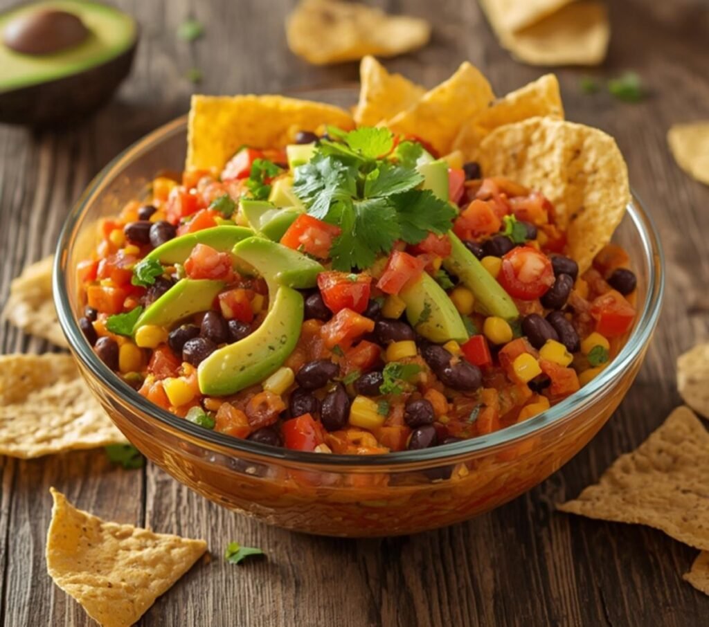 A colorful glass bowl of chunky cowboy caviar served with a crisp tortilla chip.