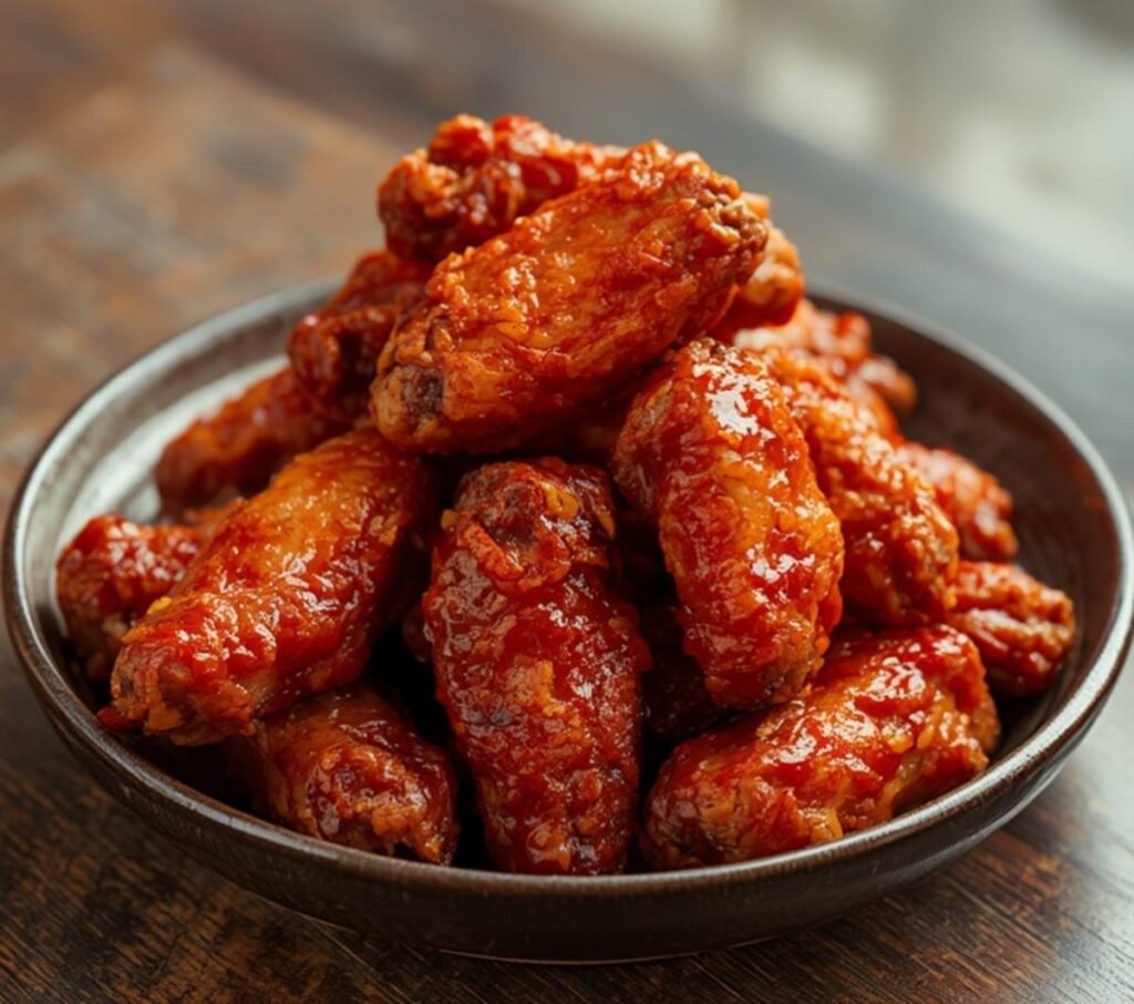 A rustic plate filled with crispy and sticky glazed gochujang honey wings under natural light