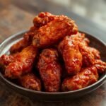 A rustic plate filled with crispy and sticky glazed gochujang honey wings under natural light