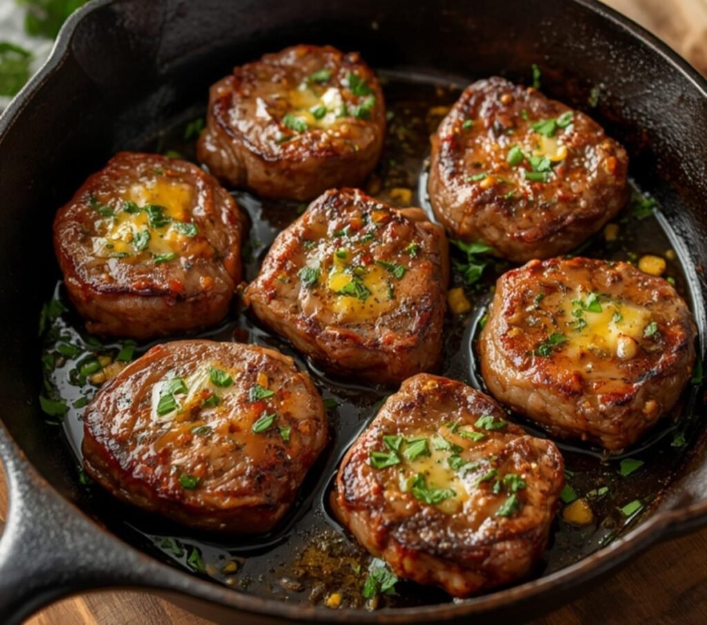 A rustic cast iron skillet filled with delicious garlic butter steak bites garnished with parsley