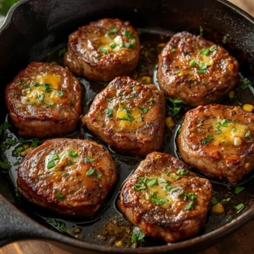Juicy Garlic Butter Steak Bites (Ready in 15 Minutes) 3 A rustic cast iron skillet filled with delicious garlic butter steak bites garnished with parsley