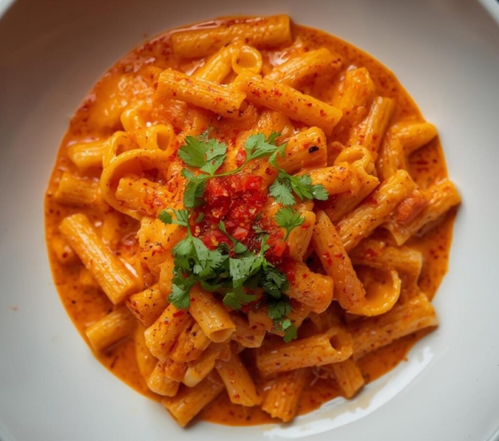 A close-up view of creamy, spicy Gigi Hadid Spicy Vodka Pasta topped with fresh parsley