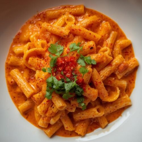 A close-up view of creamy, spicy Gigi Hadid Spicy Vodka Pasta topped with fresh parsley