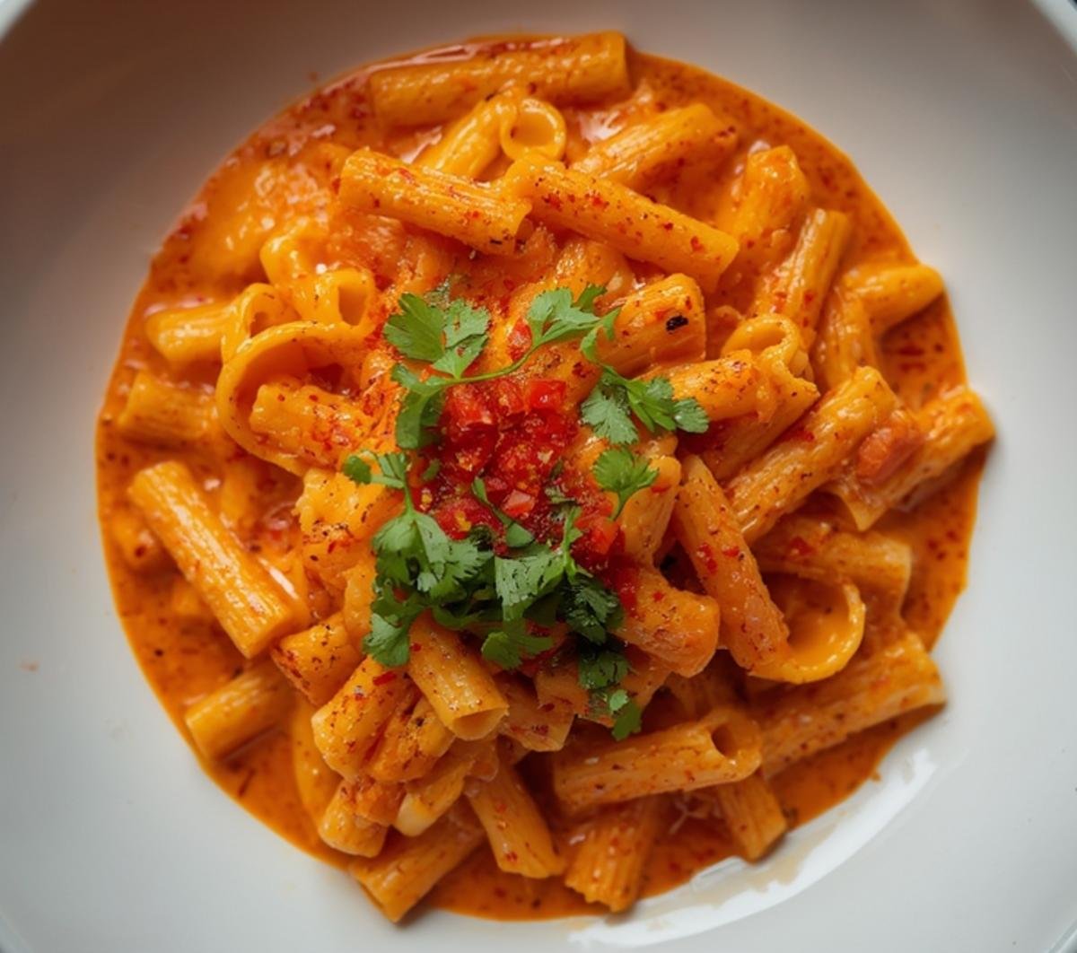 A close-up view of creamy, spicy Gigi Hadid Spicy Vodka Pasta topped with fresh parsley