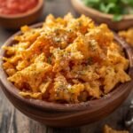 A rustic bowl of golden crispy pasta chips served with a side of marinara sauce.