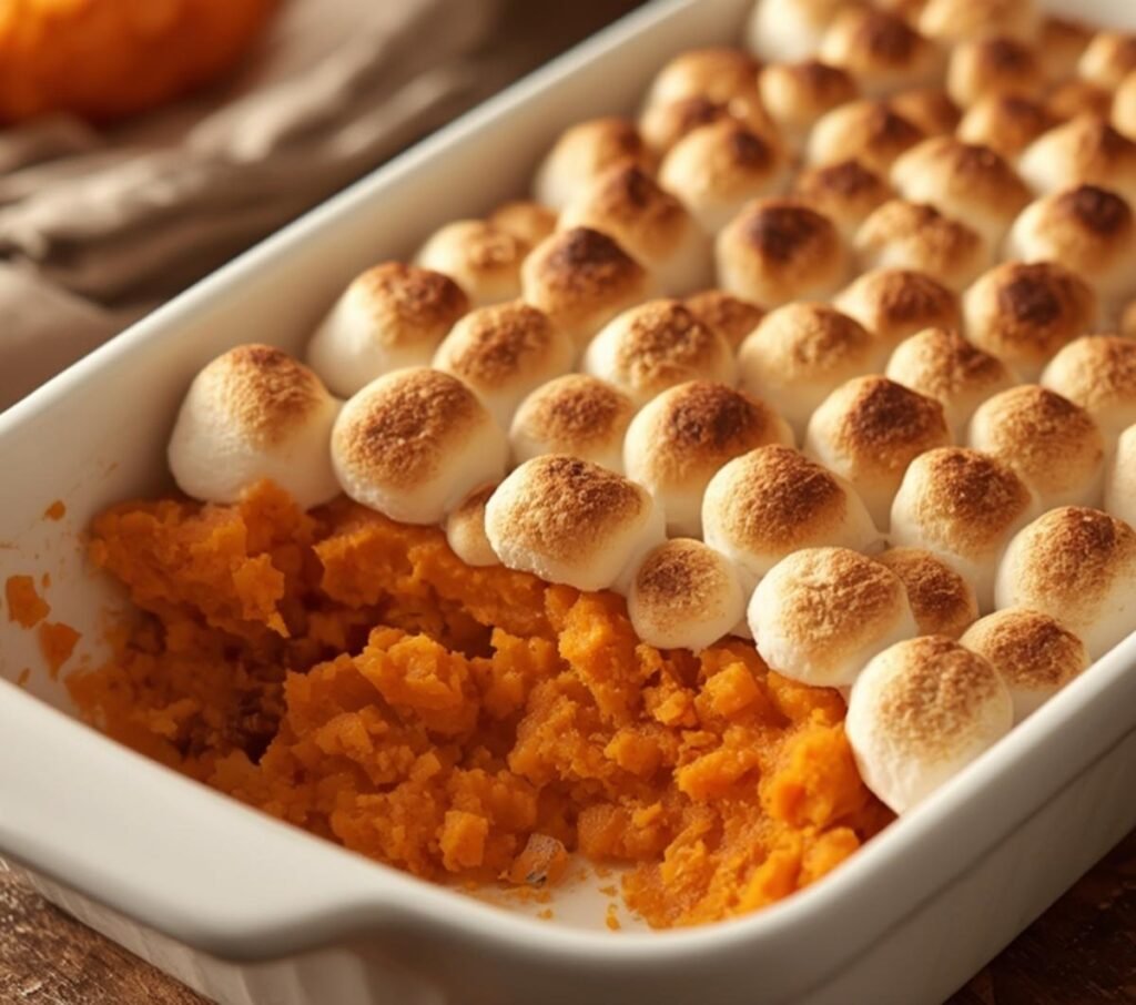 A delicious sweet potato casserole with marshmallows, fresh out of the oven, ready to serve.