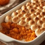 A delicious sweet potato casserole with marshmallows, fresh out of the oven, ready to serve.