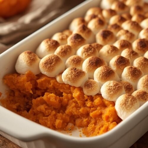 A delicious sweet potato casserole with marshmallows, fresh out of the oven, ready to serve.