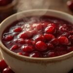 A rustic white bowl filled with glistening homemade cranberry sauce, ready for serving.